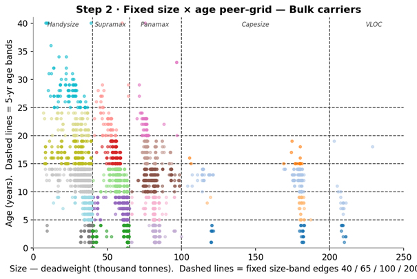 Bulk carriers placed on a fixed size by age grid, each colour a distinct peer group